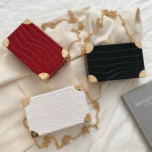 Women Vintage Chain Design Stone Pattern Solid Color Large Capacity Square Crossbody Handle Bag