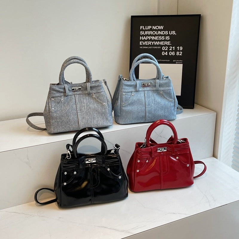 Women Fashion Simple Lock Denim PU Handle Shoulder Bag