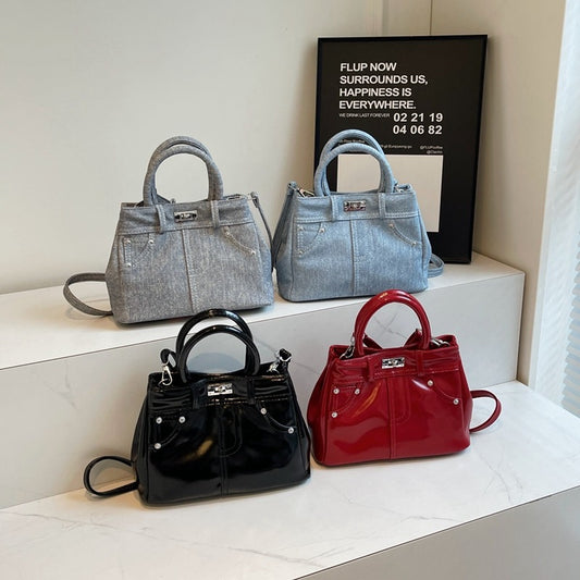 Women Fashion Simple Lock Denim PU Handle Shoulder Bag