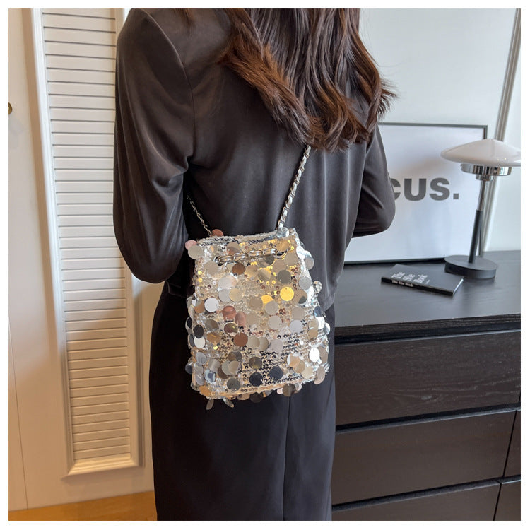 Sac seau à bandoulière à paillettes pour femme 