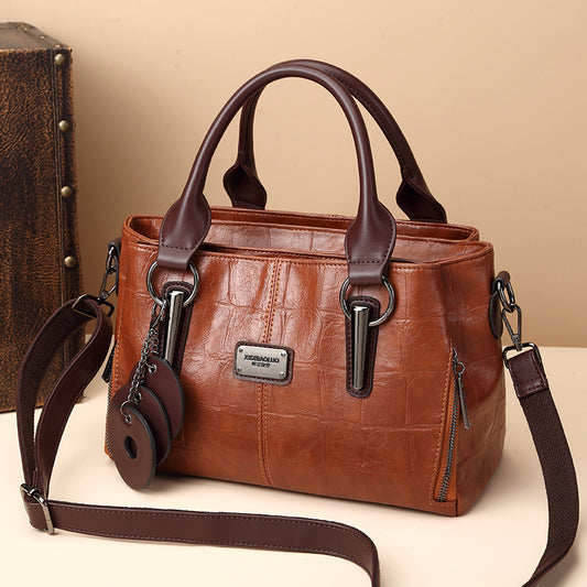 Women Fashion Retro Three-Layer Large Capacity PU Handle Bag