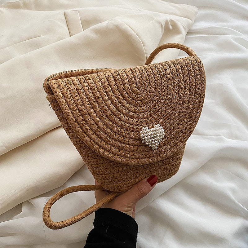 Women Fashionable Casual Straw Woven Heart-Shaped Pearl-Embellished Flap-On Crossbody Bag