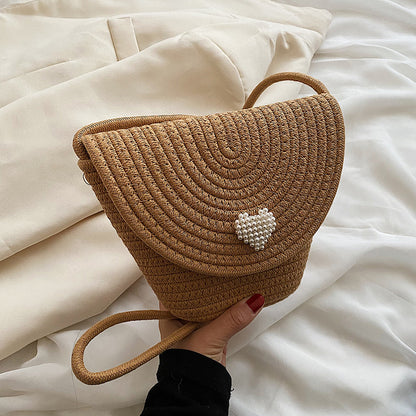 Women Fashionable Casual Straw Woven Heart-Shaped Pearl-Embellished Flap-On Crossbody Bag
