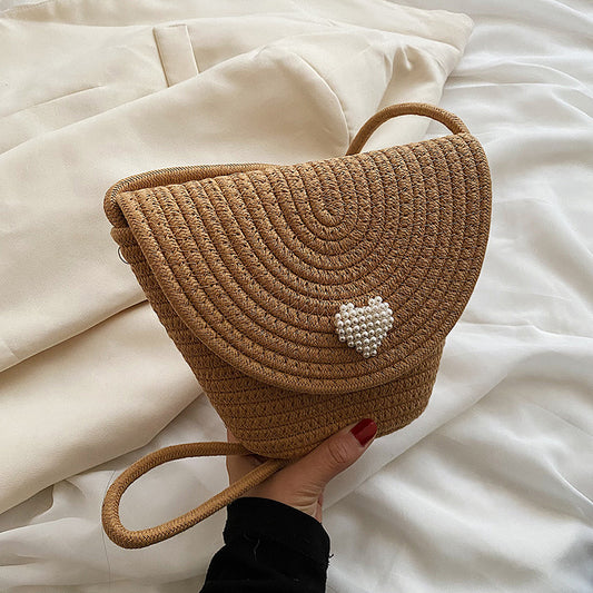 Women Fashionable Casual Straw Woven Heart-Shaped Pearl-Embellished Flap-On Crossbody Bag