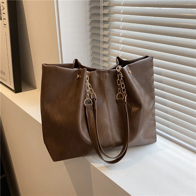 Women'S Fashion Retro Soft Leather Large Capacity Simple Solid Color Shoulder Bag