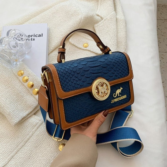 Women Vintage Flap Buckle Design Crocodile Pattern PU Crossbody Bag