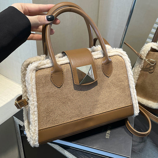 Sac à main en peluche à épissure rétro pour femme 