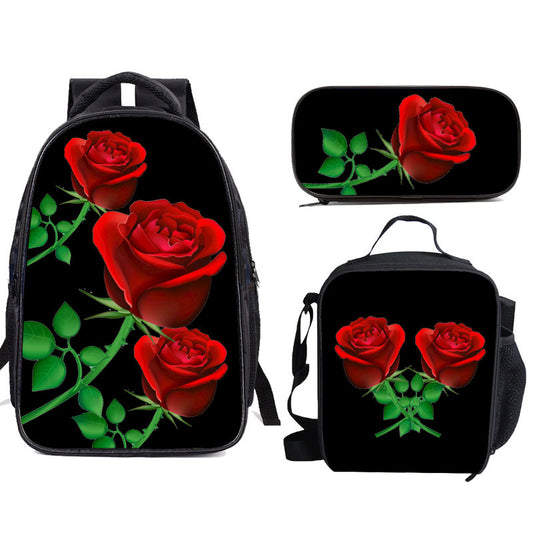 Women Fashion Valentine'S Day Rose Pattern Pencil Bag Meal Bag Backpack Set