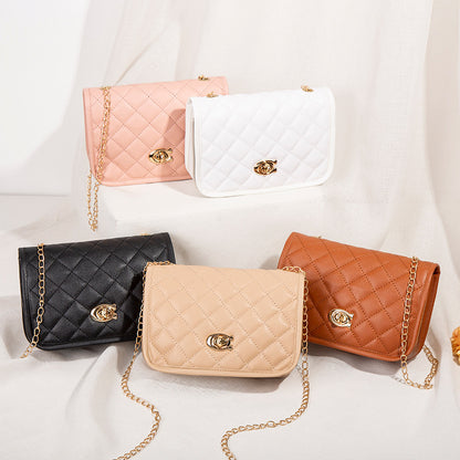 Women Fashion Simple Solid Color Metal Buckle Flap Quilted Square Chain Crossbody Bag