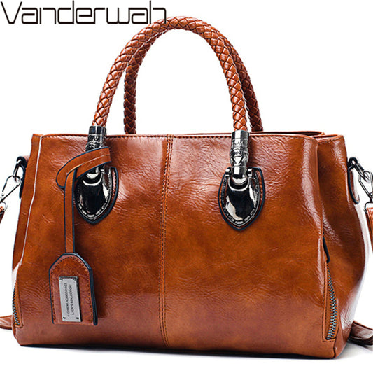 Women Vintage Pendant Zipper Design Solid Color Large Capacity PU Handle Bag