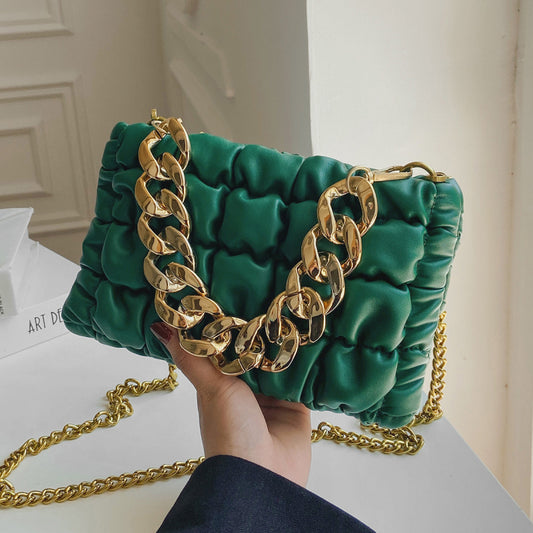 Women Fashion Thick Chain Design Plaid Stitching Solid Color PU Crossbody Bag