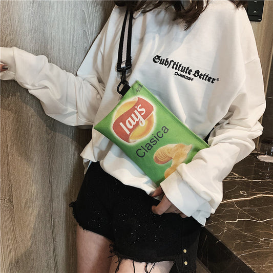 Women Fashion Creative Rectangular Letter Printed Potato Chip Shoulder Canvas Bag