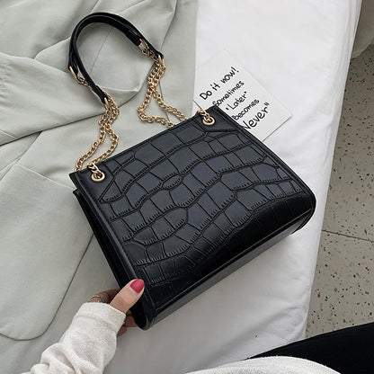Women Casual Chain Design Stone Pattern PU Shoulder Bag