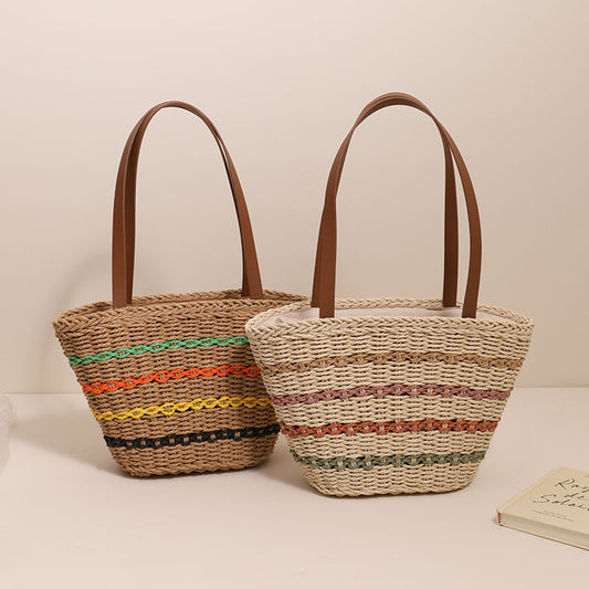 Sac fourre-tout tissé en paille à rayures multicolores pour femme, grande capacité, à la mode, pour les vacances 
