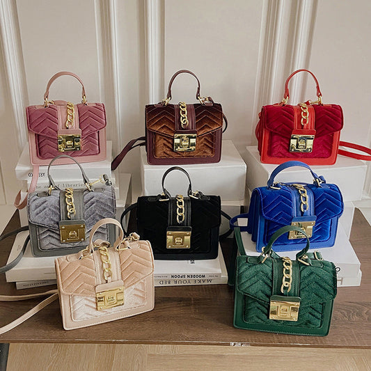 Women Elegant Metal Buckle Chain Design Solid Color Patchwork PU Crossbody Bag