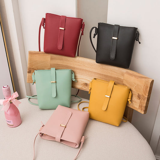 Women Basic Casual Buckle Design Solid Color PU Bucket Crossbody Bag