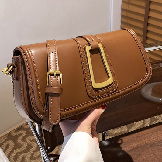 Women Vintage Buckle Design Solid Color Baguette Shoulder Handle Bag