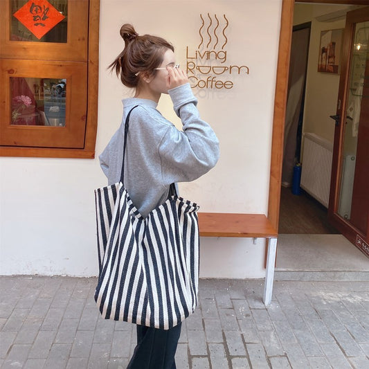 Women Casual Stripe Large Capacity One Shoulder Canvas Bag