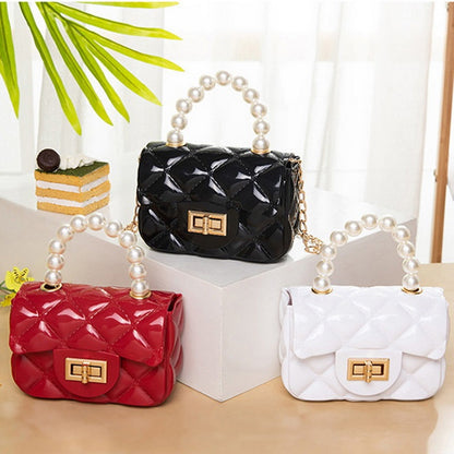 Women Elegant Mini Flap Buckle Design Pearl Decoration Solid Color PU Crossbody Bag