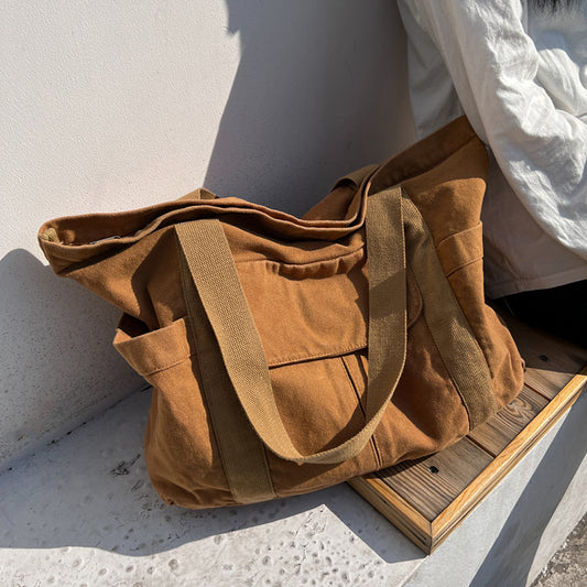 Women Casual Vintage Multi-pocket Design Solid Color Large Capacity Canvas Tote Bag