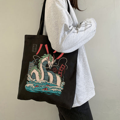 Sac à bandoulière en toile à motif dragon pour femme 