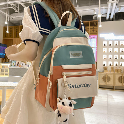 Women Casual Multi Pocket Design Letter Pattern Color Blocking Canvas Large Capacity Backpack
