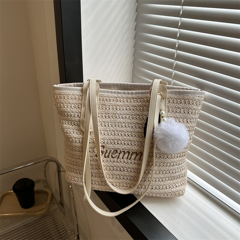 Summer Women Fashion Letter Woven Plush Pendant Large Capacity Tote Bag