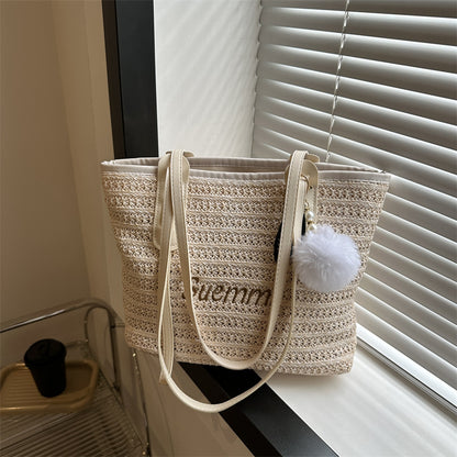 Summer Women Fashion Letter Woven Plush Pendant Large Capacity Tote Bag