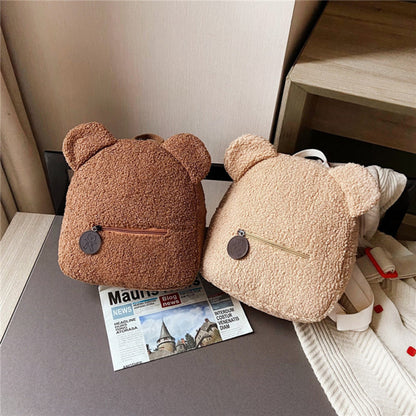 Women Cute Bear Shape Zipper Design Solid Color Plush Backpack