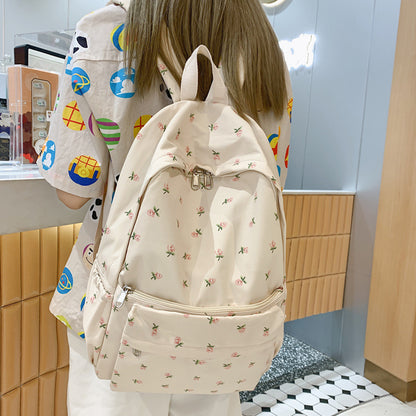 Women Casual Flower Pattern Solid Color Canvas Large Capacity Backpack
