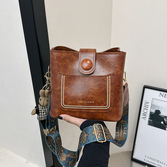 Women Fashion Casual Solid Color Bucket Rabbit Pendant Shoulder Bag