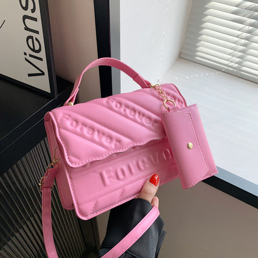 Women Fashion Solid Color Letter Embossed Flap Crossbody Bag