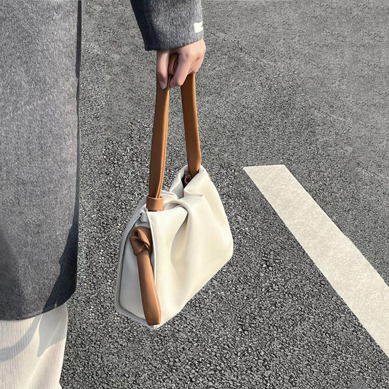 Women Fashion Pleated Color Contrast Cloud Handbag