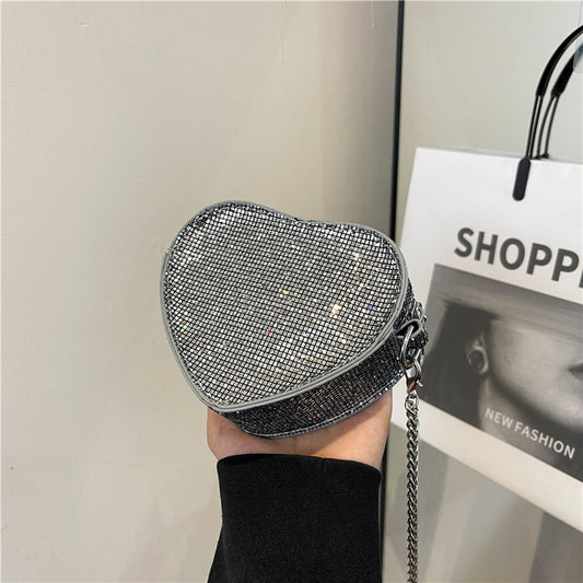 Mini sac bandoulière tendance à paillettes et chaîne en forme de cœur 