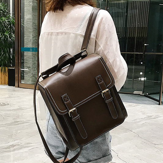 Women Vintage Flap Buckle Design Solid Color PU Square Backpack