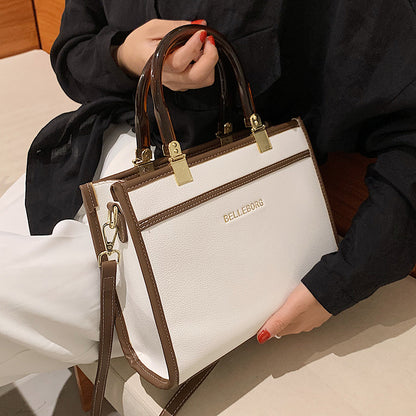 Women Chic Letter Embossing Color Blocking Large Capacity PU Handle Bag