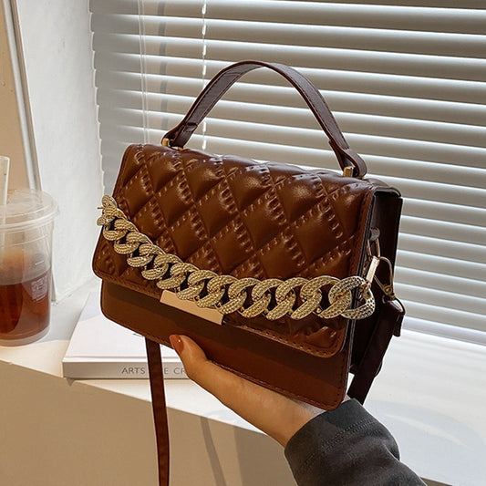 Women Fashion Thick Chain Rhombus Stitching Design Solid Color PU Crossbody Bag