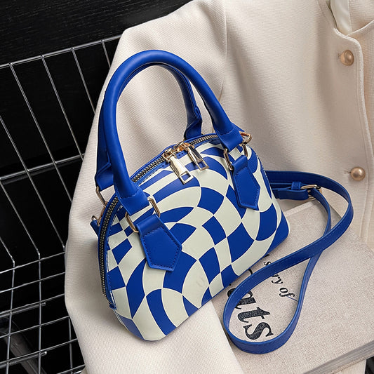 Women Chic Zipper Design Shell ShapedColor Blocking PU Handle Bag