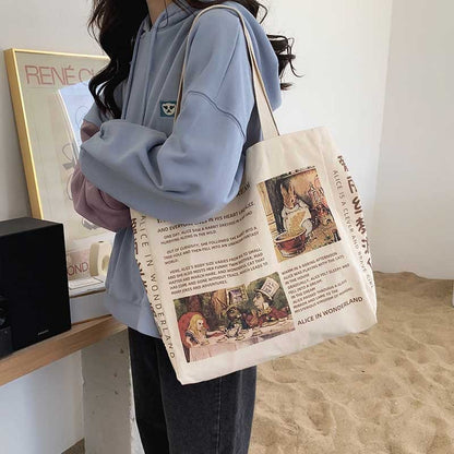 Sac à bandoulière en toile grande capacité pour femme, décontracté, motif dessin animé, motif lettres 
