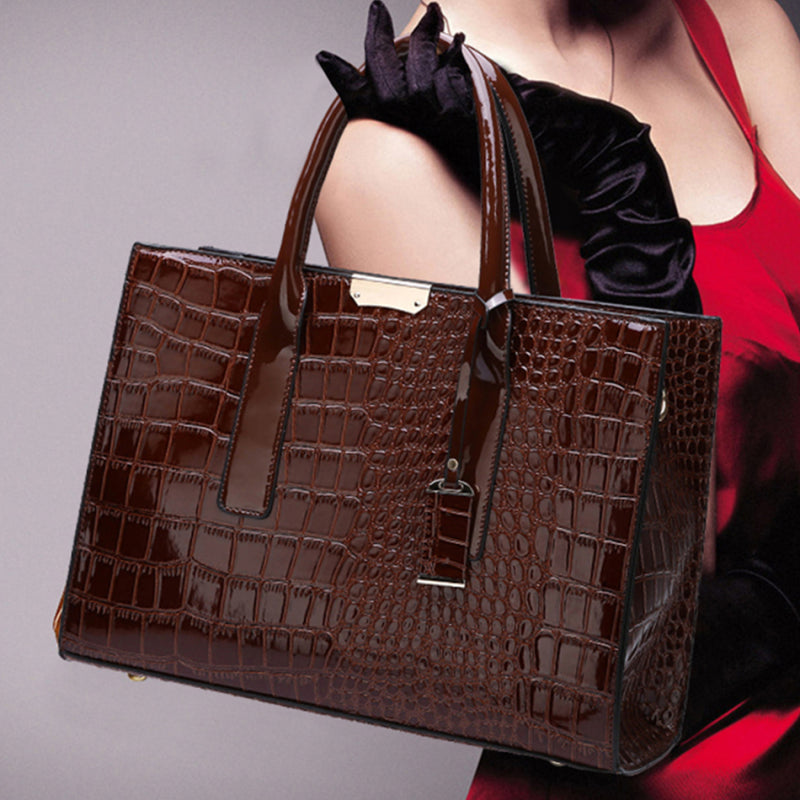 Women Vintage Zipper Design Crocodile Pattern Large Capacity PU Handle Bag