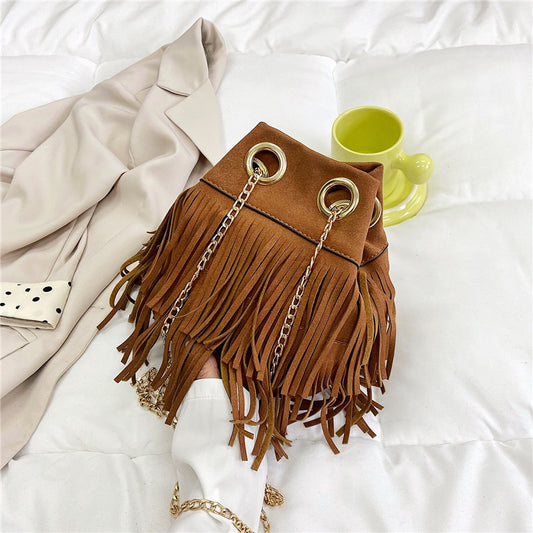 Sac seau à pompons de couleur unie pour femme 