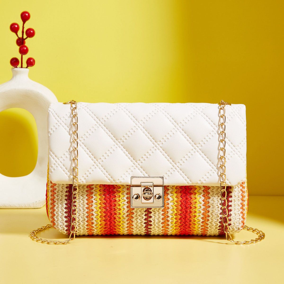 Sac à bandoulière carré en diamant tissé multicolore pour femme 