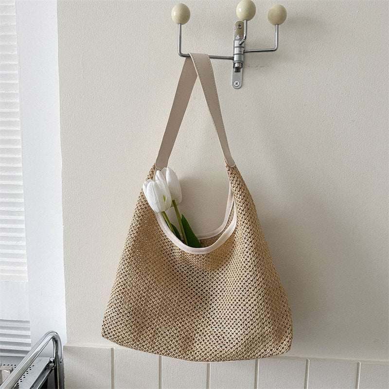 Women Casual Solid Color Woven Large Capacity Tote Bag