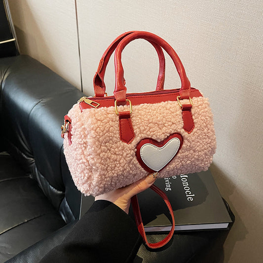 Women Fashion Casual Plush Heart Zipper Handbag