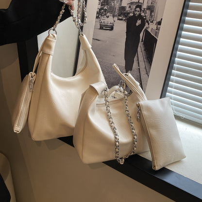 Women Fashionable Solid Color Large Capacity Zipper Shoulder PU Tote Bag