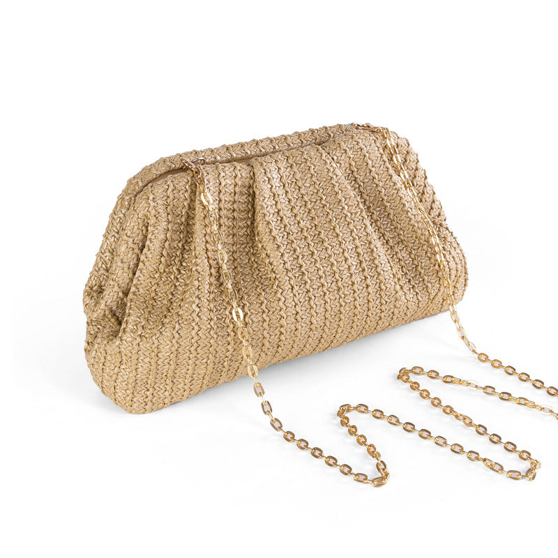 Women Fashion Solid Color Straw Woven Chain Crossbody Bag