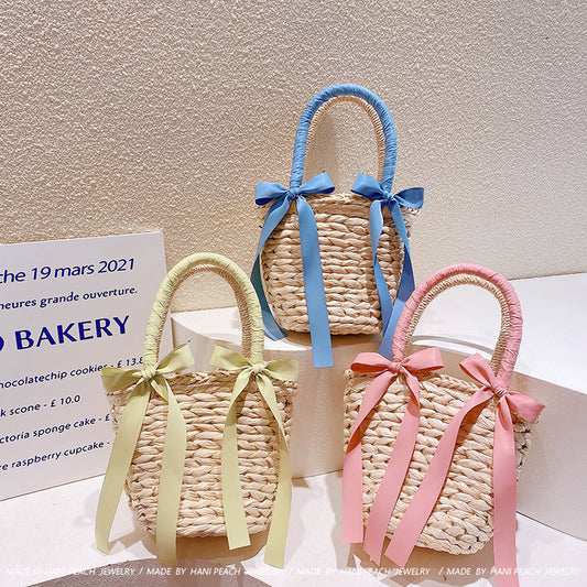 Bohemian Style Holiday Fashion Bow Woven Straw Handbag