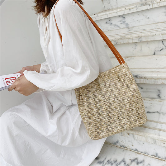 Women Fashion Solid Color Vacation Beach Straw Woven Large Capacity Shoulder Bag