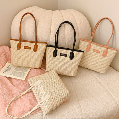 Summer Women Fashionable Solid Color Straw Woven Large Capacity Tote Bag