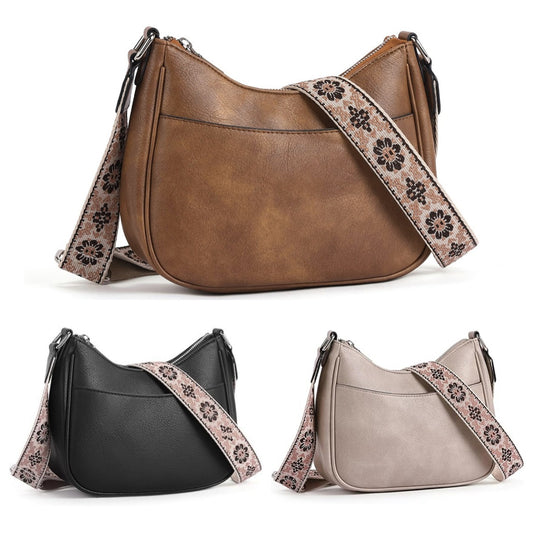 Sac à bandoulière vintage uni à large bandoulière en forme de croissant de lune, grande capacité 